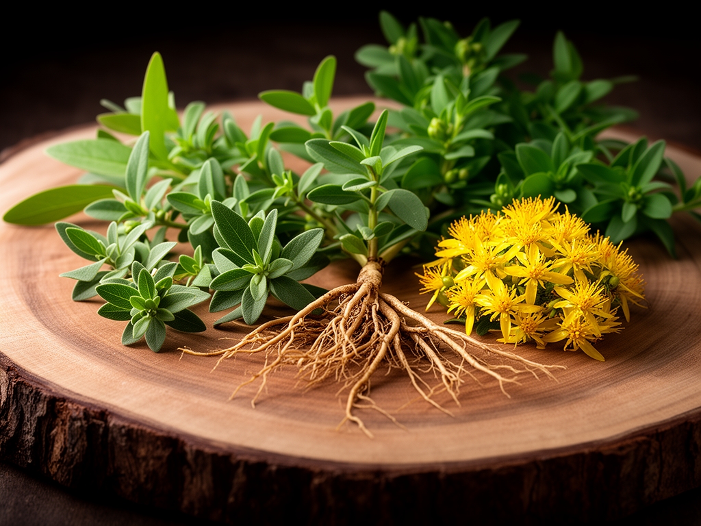 Kořeny a listy ashwagandhy, rhodioly a jiných adaptogenních bylin v přírodní kompozici na dřevěné desce s jemným bočním osvětlením