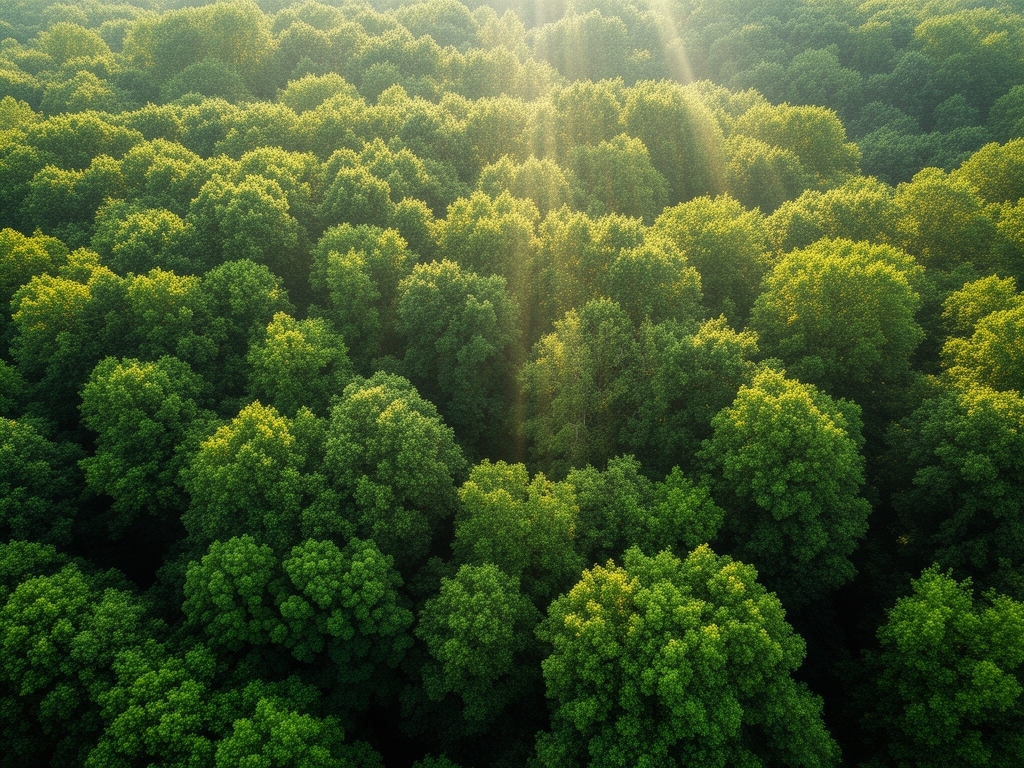 Vzdušný pohled na hustý zelený les s jemnými paprsky světla pronikajícími skrz koruny stromů