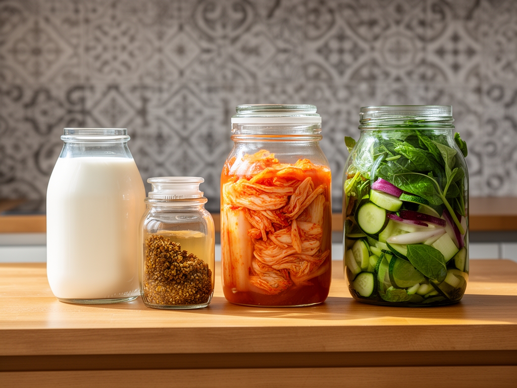 Skleněné nádoby s fermentovanými potravinami – kefírem, kimchi a zeleninou – na kuchyňském pultě v přirozeném světle s texturou kachličkového pozadí