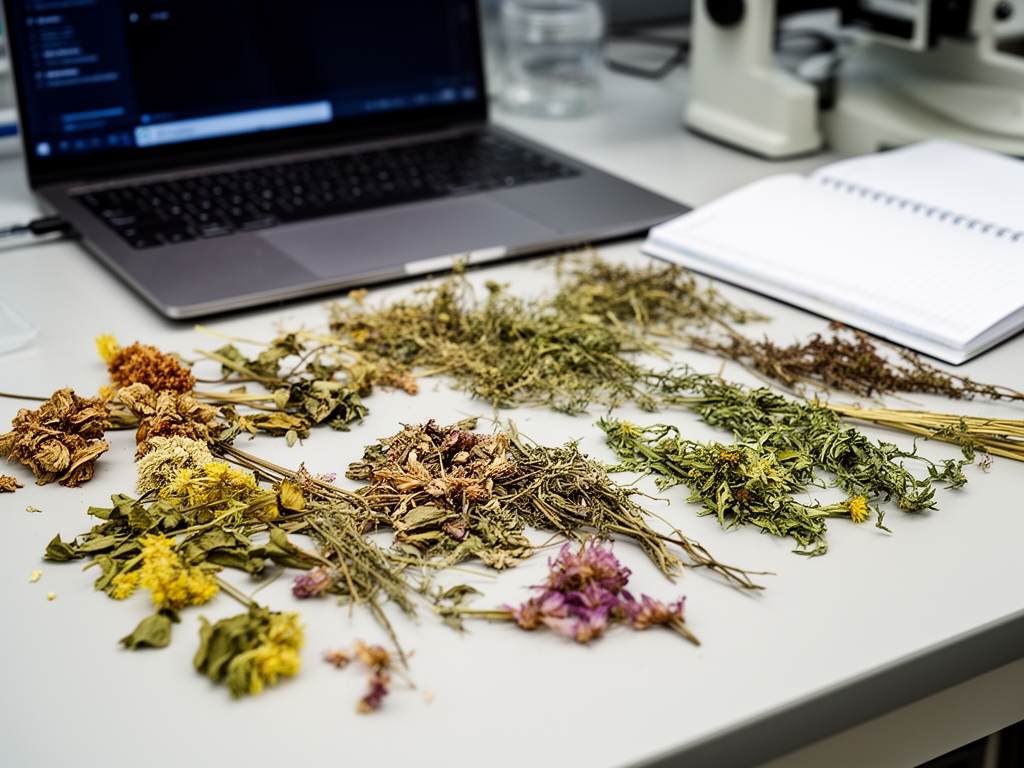 Vědecká práce s přírodními vzorky – kladení sušených rostlin a bylin na světlý laboratorní stůl s notebookem a poznámkovým blokem v pozadí
