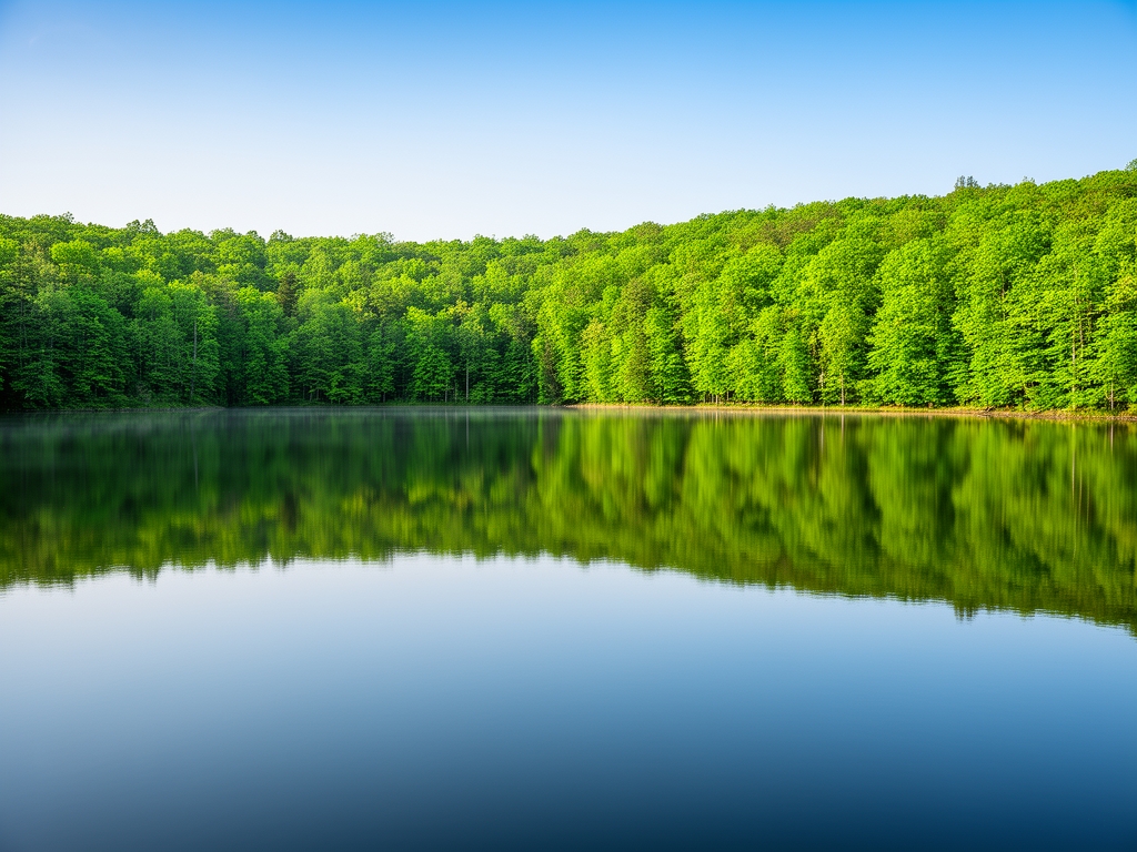 Klidné jezero odráží zelený les a oblohu za jasného rána – symbolizuje rovnováhu a harmonii přírody jako metaforu pro vyvážený způsob života