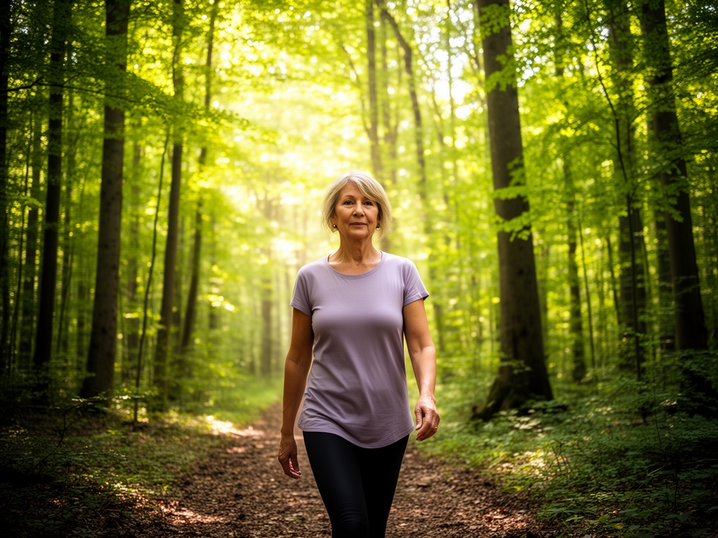 Žena středního věku na procházce v lese, obklopená zelenými stromy, ranní sluneční světlo proniká korunami – autentický záběr pohybu v přírodě bez zaměření na tělesný ideál